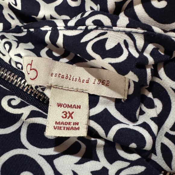 Dressbarn 3X-Large Top Geometric Stretch 3/4 Bell Sleeve Boat Neck Zip Navy Blue - Picture 8 of 10